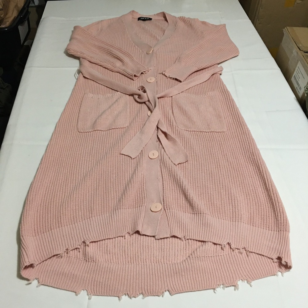 SER.O.YA Cardigan Women Medium Pink Distressed Hem Belted Long
